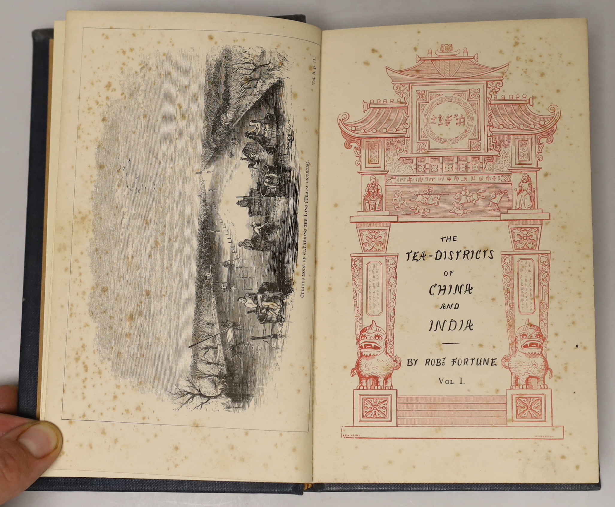 Fortune, Robert - Two Visits to the Tea Countries of China and the Tea Plantations in the Himalaya ... 3rd edition, 2 vols, pictorial engraved and printed titles, folded map, 6 plates, engraved text illus.; rebound cloth